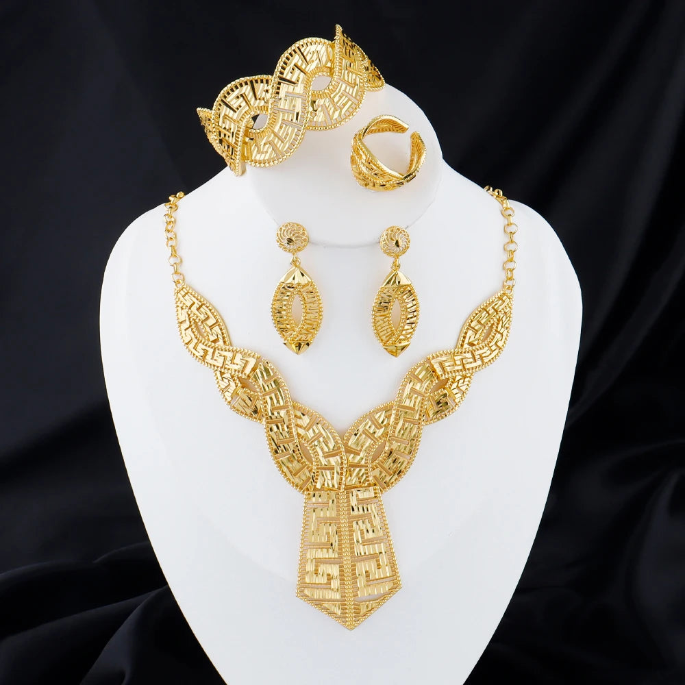 GOLD COLOR JEWELRY 24K Gold Plated Jewelry Set Weddings Earrings Necklace Ring Accessory Luxury Party Gifts