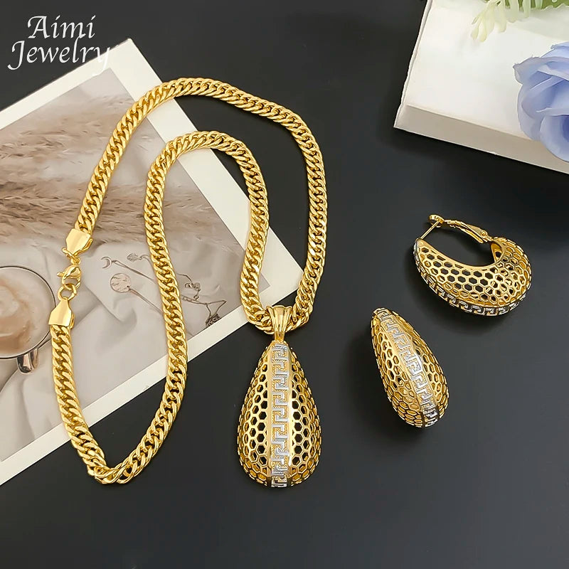 Simple Daily Wear Gold Plated Jewelry Set Luxury Exquisite Earrings Necklace Pendant with Chain Party Dubai Bridal Wedding Gifts