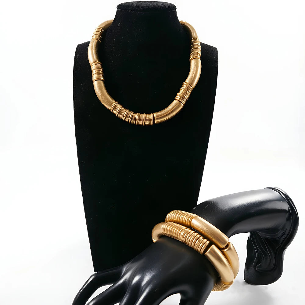 Architectural Ribbed Chunky Choker Set | Matte Gold Curved Tube Collar Necklace & Stacked Bangle