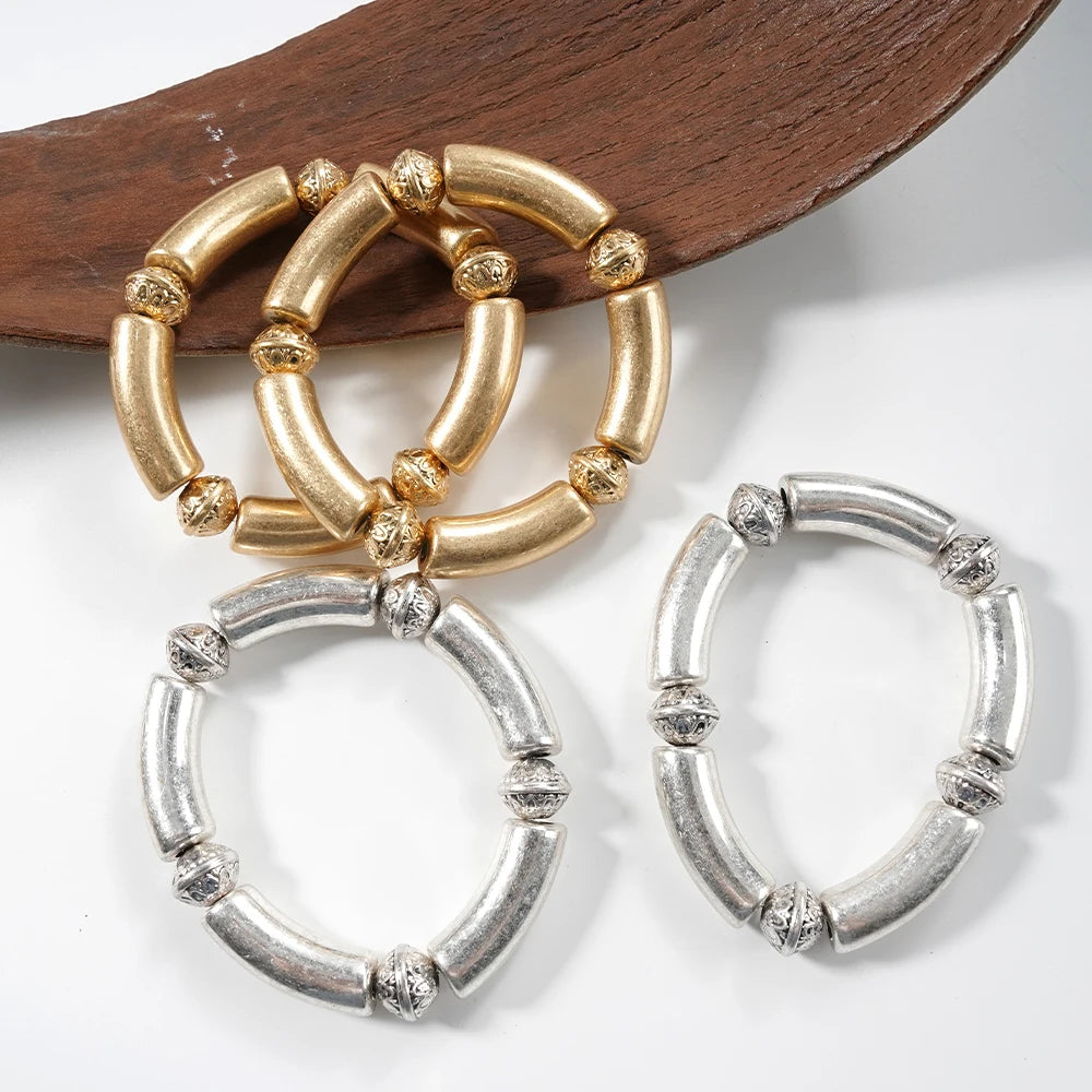 Architectural Ribbed Chunky Choker Set | Matte Gold Curved Tube Collar Necklace & Stacked Bangle