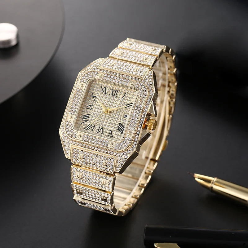 Luxury Square Men's Business Watches Steel Strap Roman Dial Rhinestone Quartz Watch Lesiure Male Wristwatch Relogio Masculino
