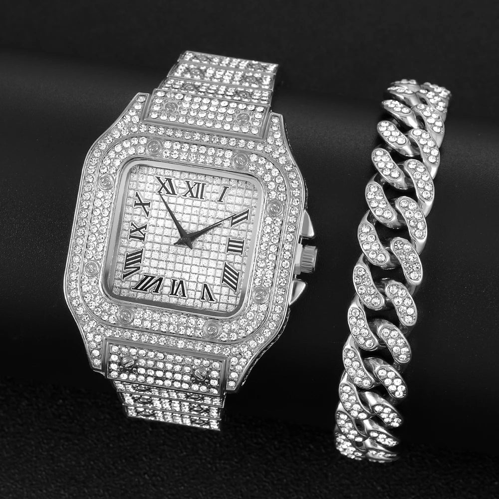 The Sovereign Drip: Fully Iced Watch, Cuban Chain & Bracelet Set