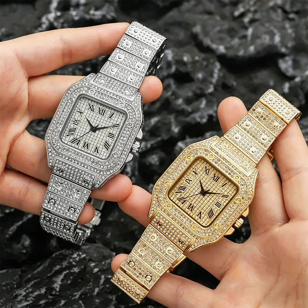 Luxury Square Men's Business Watches Steel Strap Roman Dial Rhinestone Quartz Watch Lesiure Male Wristwatch Relogio Masculino