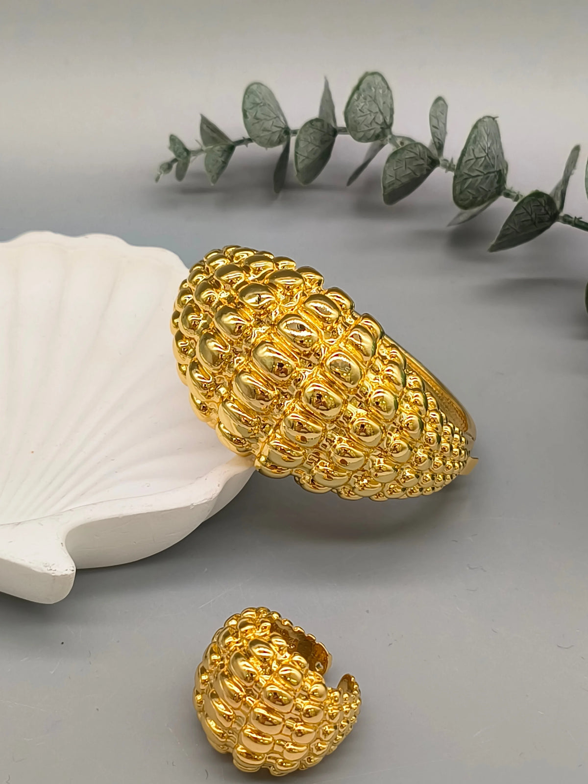 24K Gold Plated Ethiopian Bridal Bangle & Ring Set | Luxury African Statement Bracelet