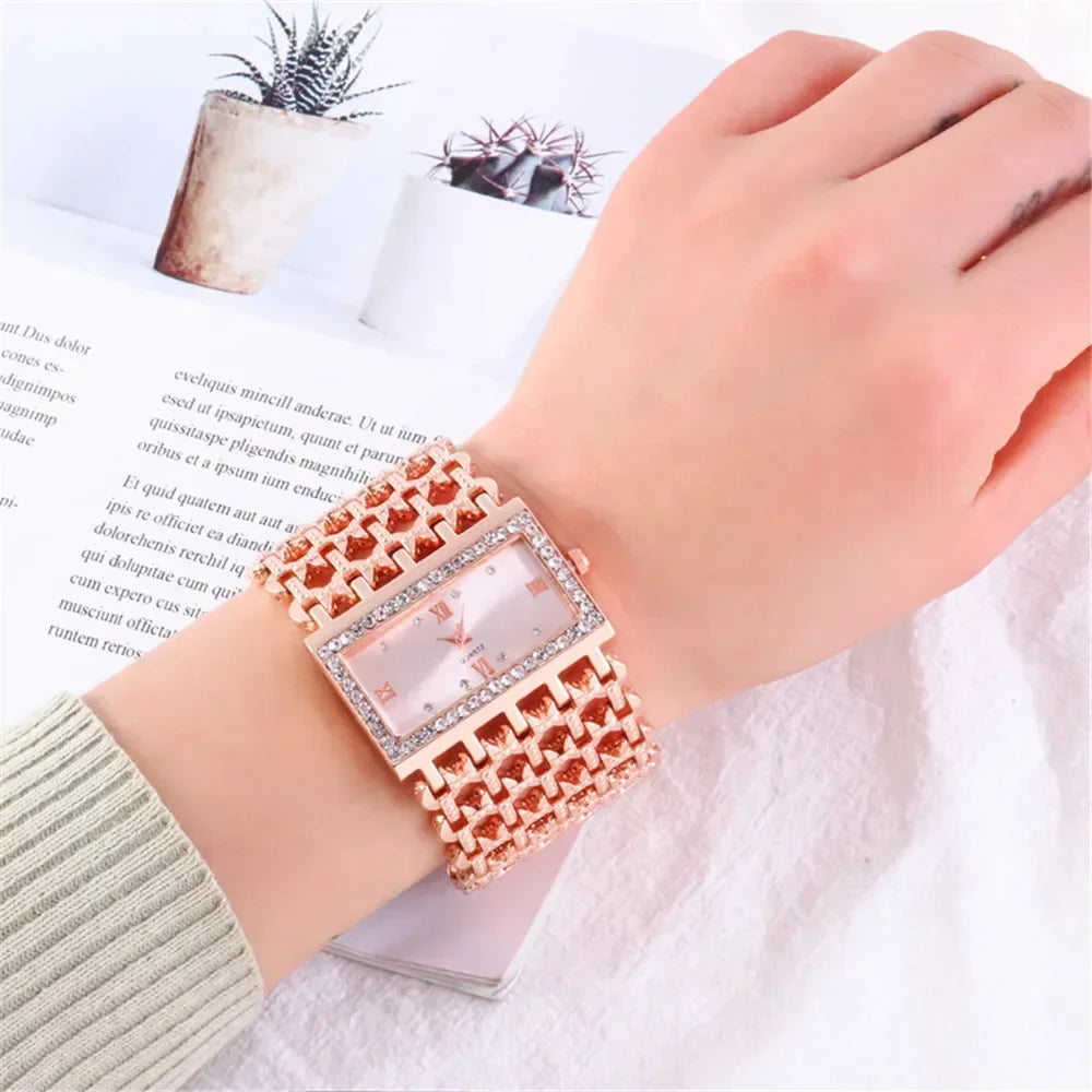 Women's Fashion Luxury Square Diamond Quartz Watch with Light, Ladies' Gold Stainless Steel Bracelet