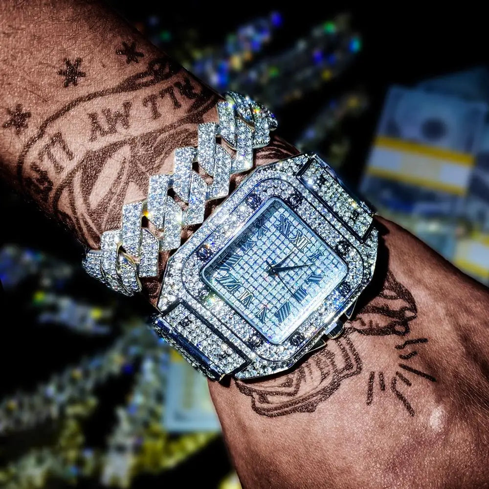 The Imperial Vanguard: Fully Iced Square Watch & Cuban Link Set