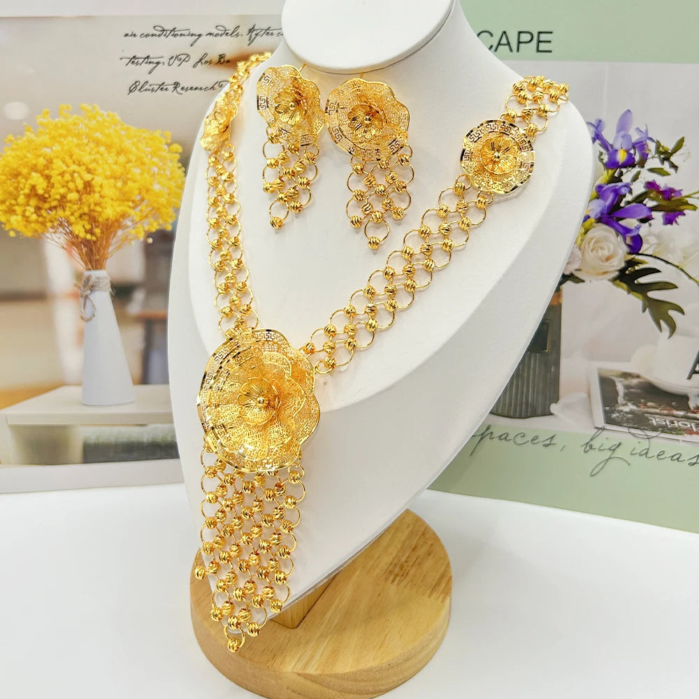 Trendy Dubai Arab Necklace with Earrings Jewelry Set African Fashion Luxury Gold Color Jewelry Set Daily Party Gift Accessories