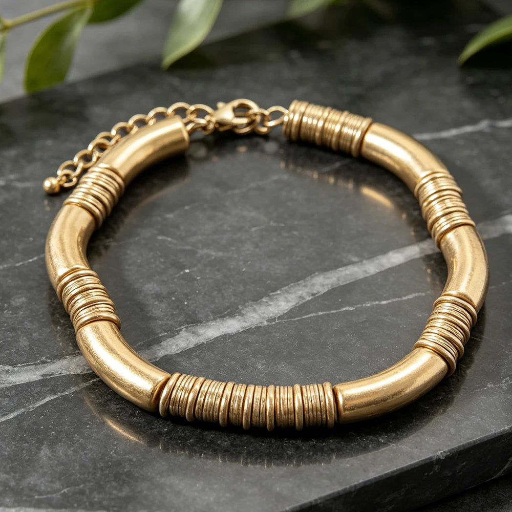 Architectural Ribbed Chunky Choker Set | Matte Gold Curved Tube Collar Necklace & Stacked Bangle