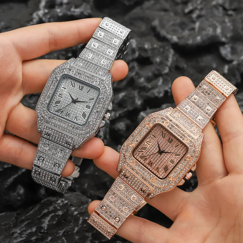 Luxury Classic Business Men's Square Roman Scale Quartz Watch, with Steel Strap Rhinestone Detail Leisure Wristwatch for Male