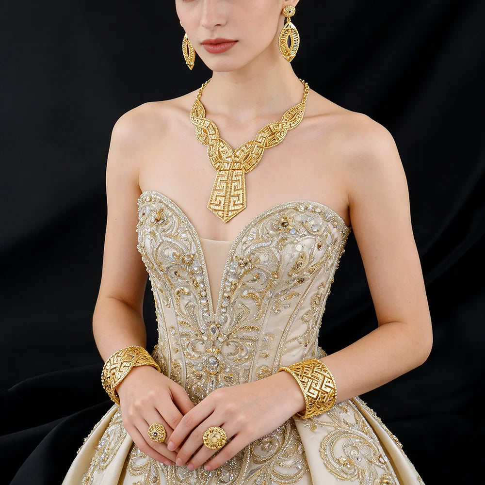 GOLD COLOR JEWELRY 24K Gold Plated Jewelry Set Weddings Earrings Necklace Ring Accessory Luxury Party Gifts
