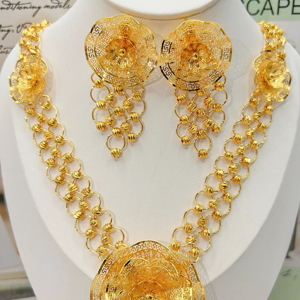 Trendy Dubai Arab Necklace with Earrings Jewelry Set African Fashion Luxury Gold Color Jewelry Set Daily Party Gift Accessories