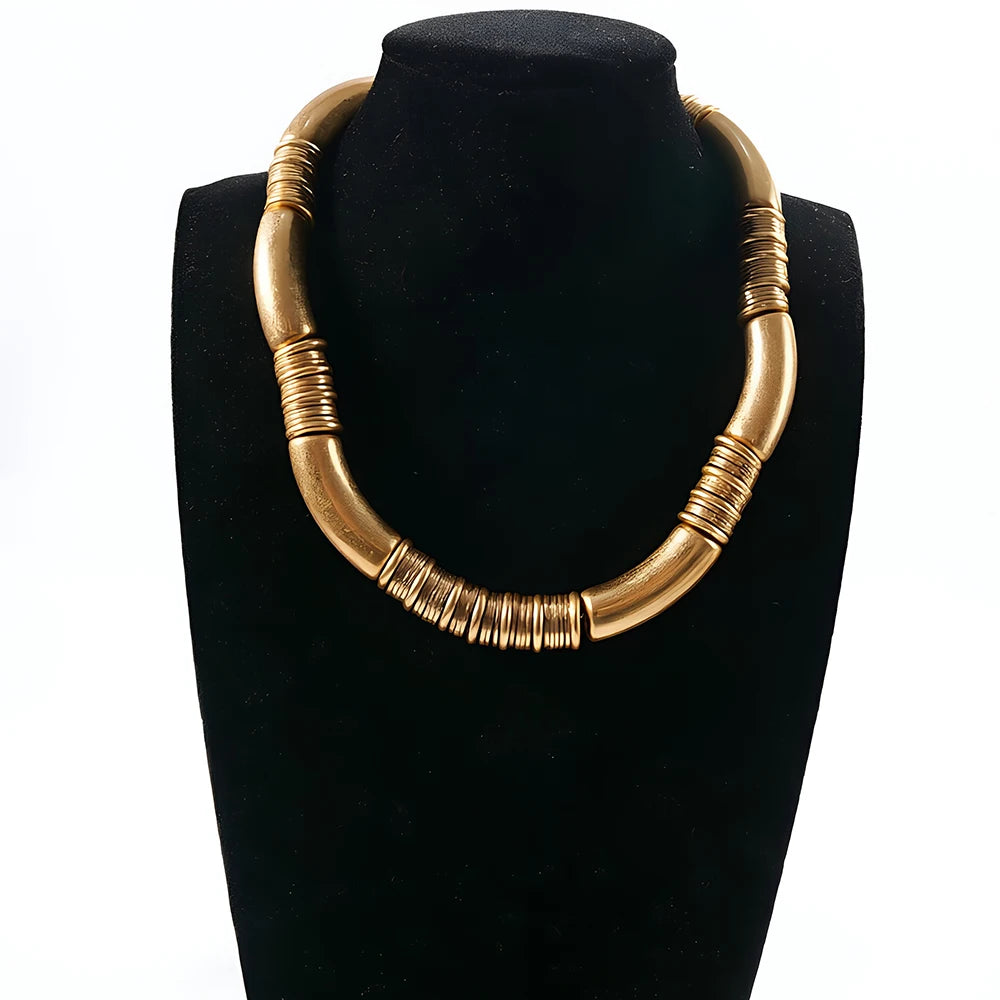 Architectural Ribbed Chunky Choker Set | Matte Gold Curved Tube Collar Necklace & Stacked Bangle
