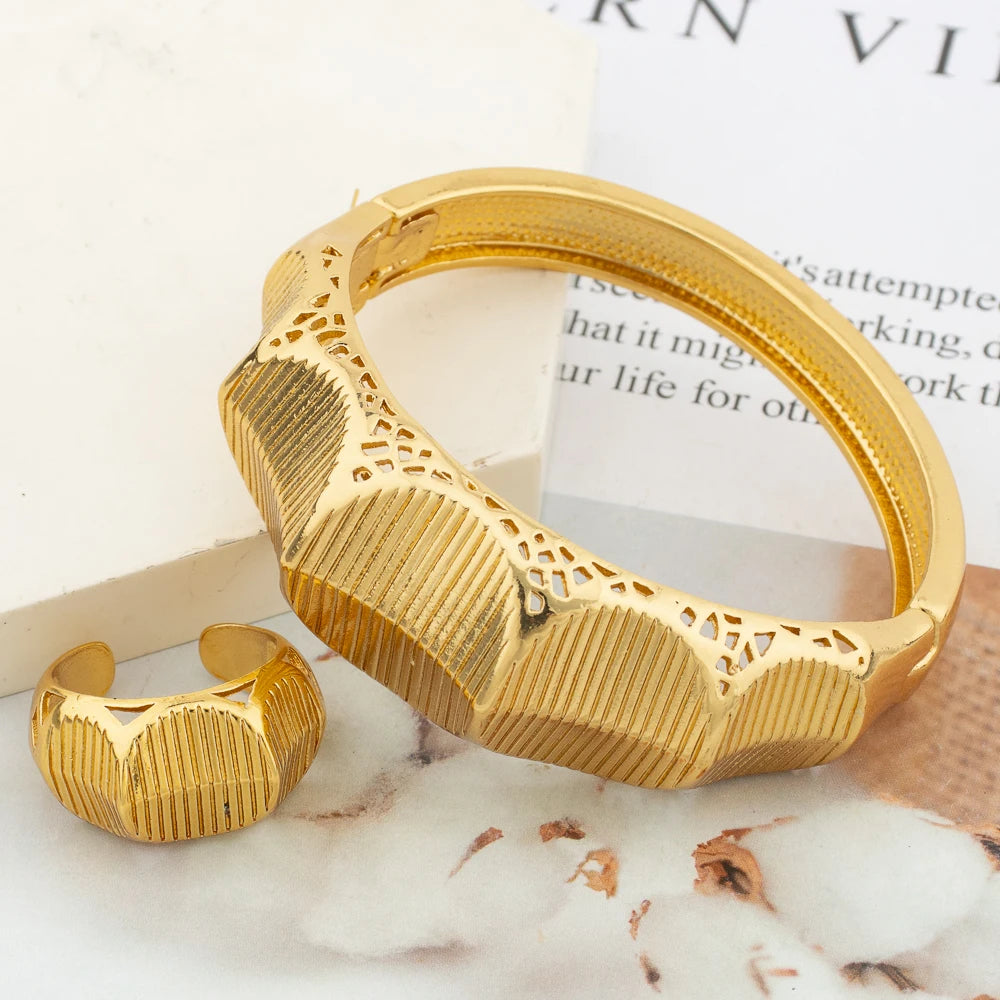 24K Gold Plated Ethiopian Bridal Bangle & Ring Set | Luxury African Statement Bracelet
