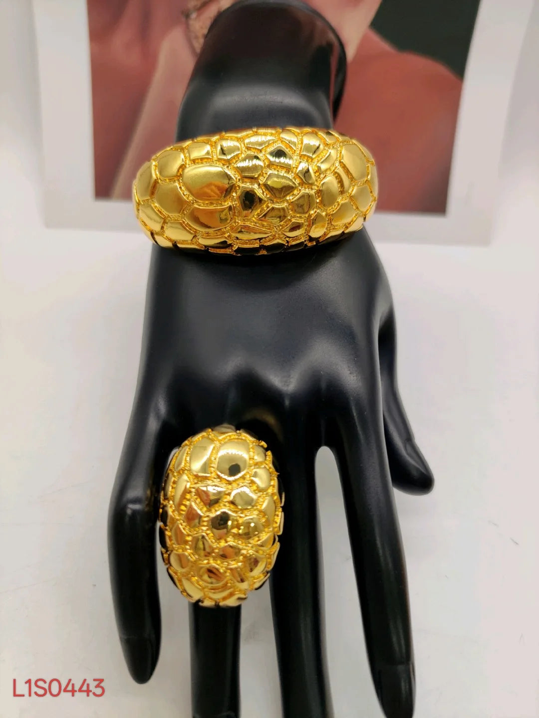 24K Gold Plated Ethiopian Bridal Bangle & Ring Set | Luxury African Statement Bracelet