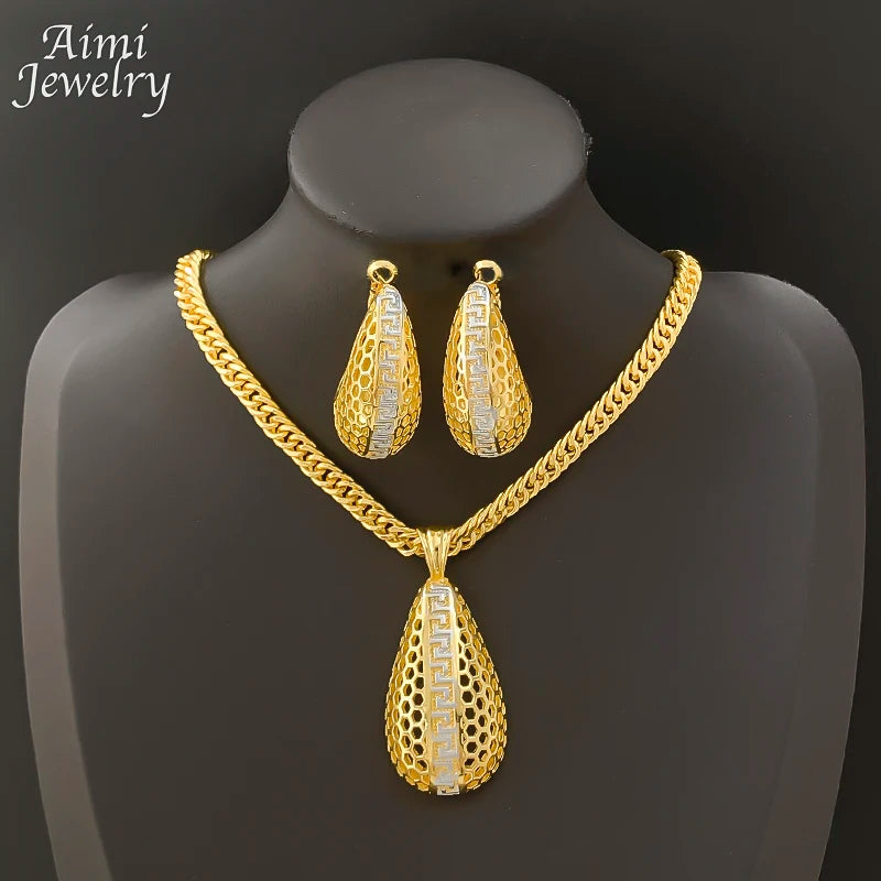 Simple Daily Wear Gold Plated Jewelry Set Luxury Exquisite Earrings Necklace Pendant with Chain Party Dubai Bridal Wedding Gifts