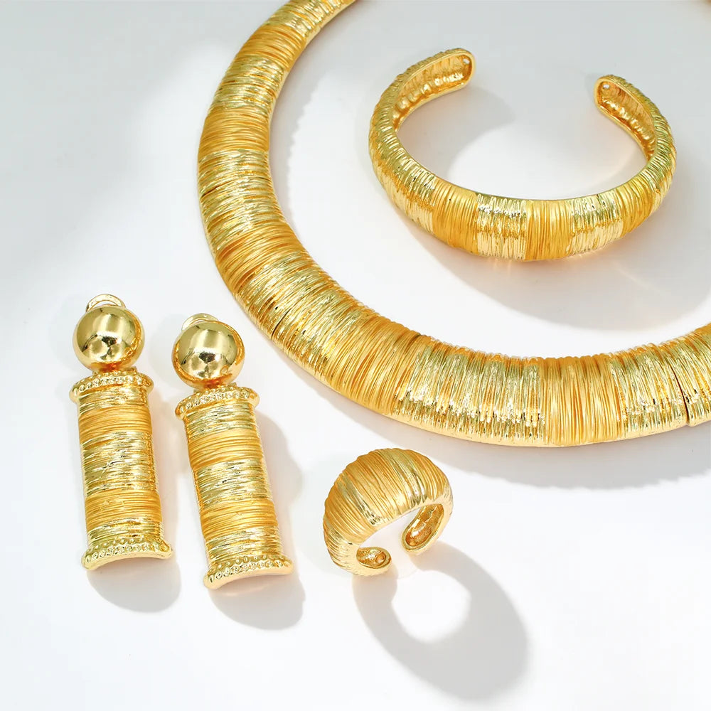 24K Dubai Gold Vintage Brushed Textured Jewelry Set | Statement Necklace, Cuff Bangle & Earrings