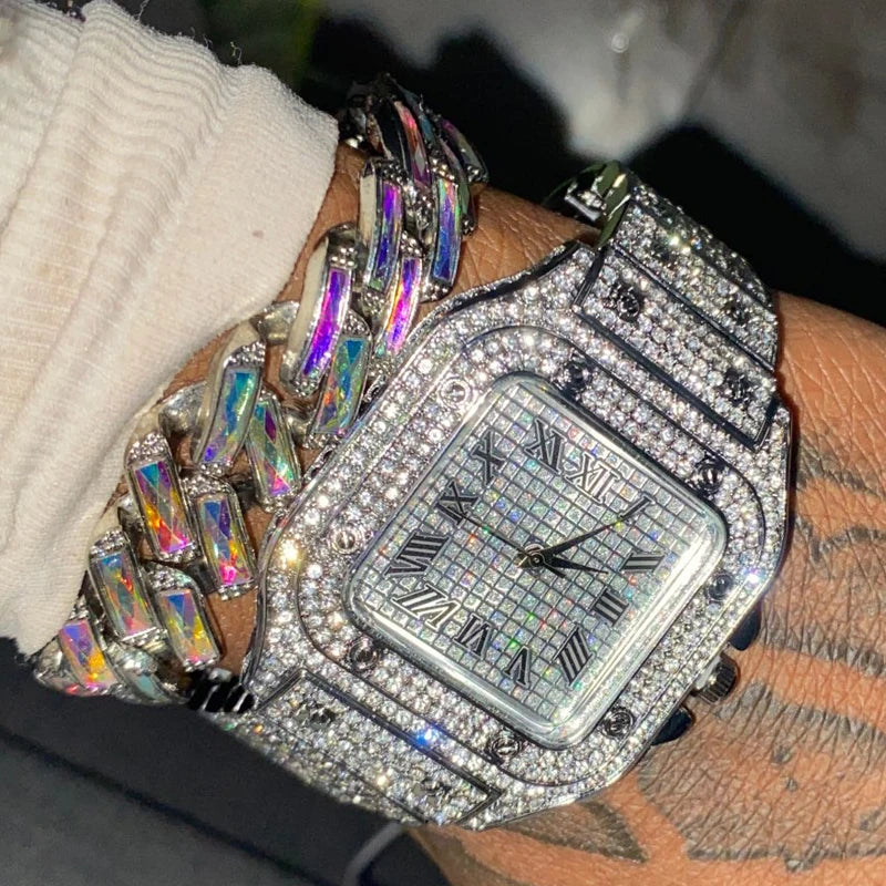 The Sovereign Drip: Fully Iced Watch, Cuban Chain & Bracelet Set