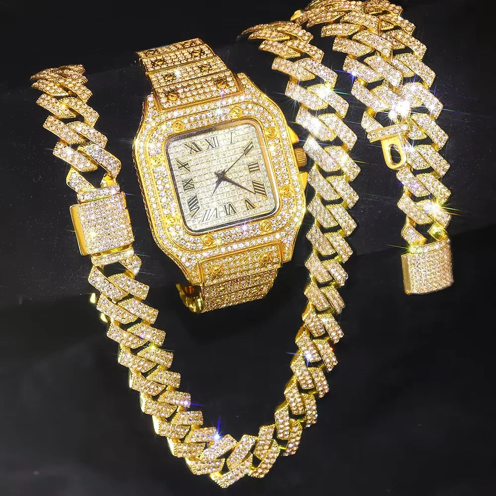 The Imperial Vanguard: Fully Iced Square Watch & Cuban Link Set