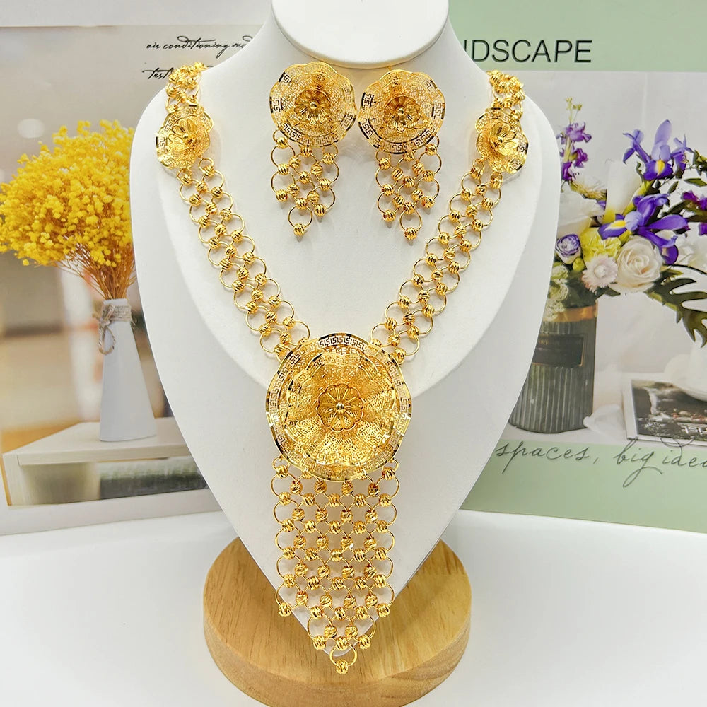 Trendy Dubai Arab Necklace with Earrings Jewelry Set African Fashion Luxury Gold Color Jewelry Set Daily Party Gift Accessories