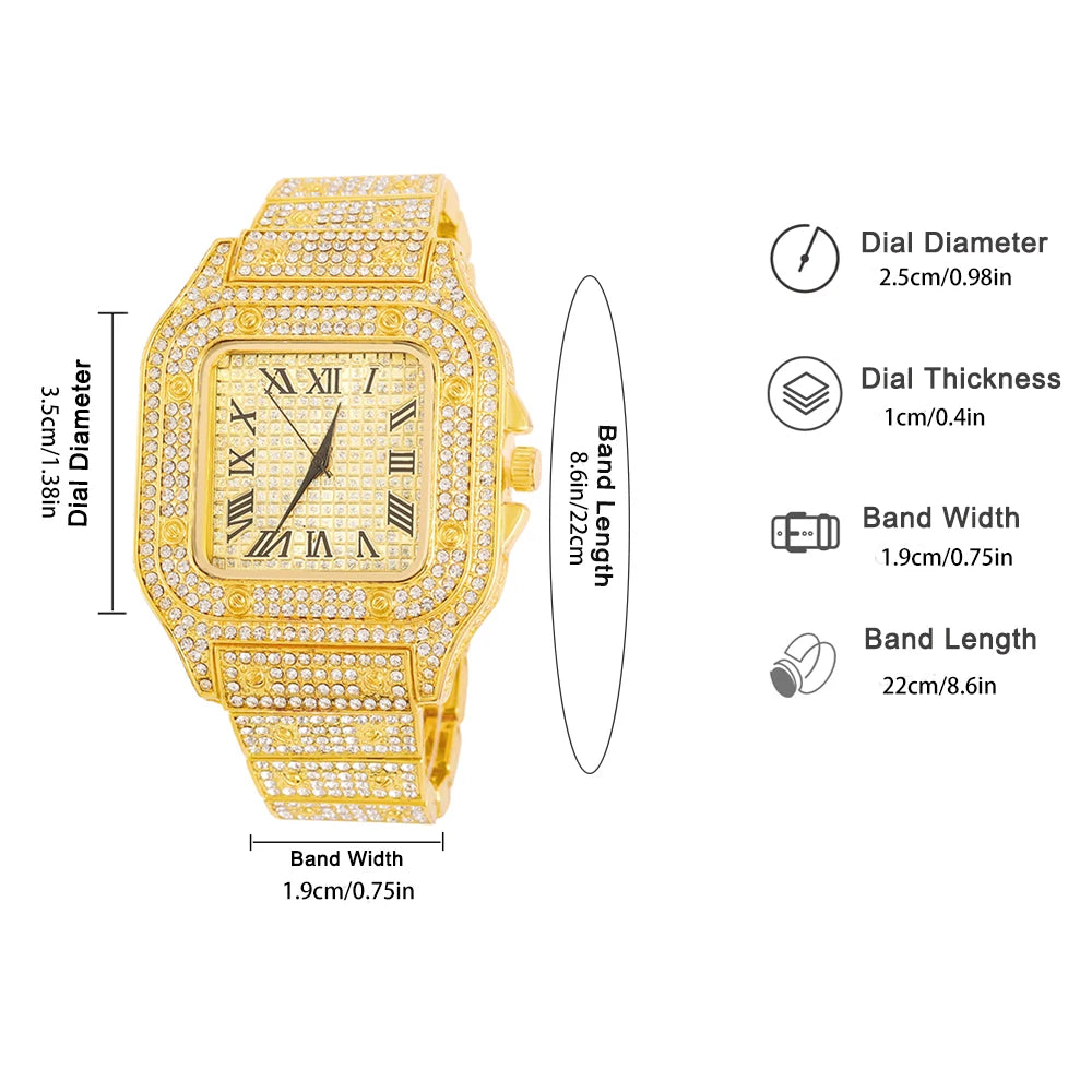 The Imperial Vanguard: Fully Iced Square Watch & Cuban Link Set