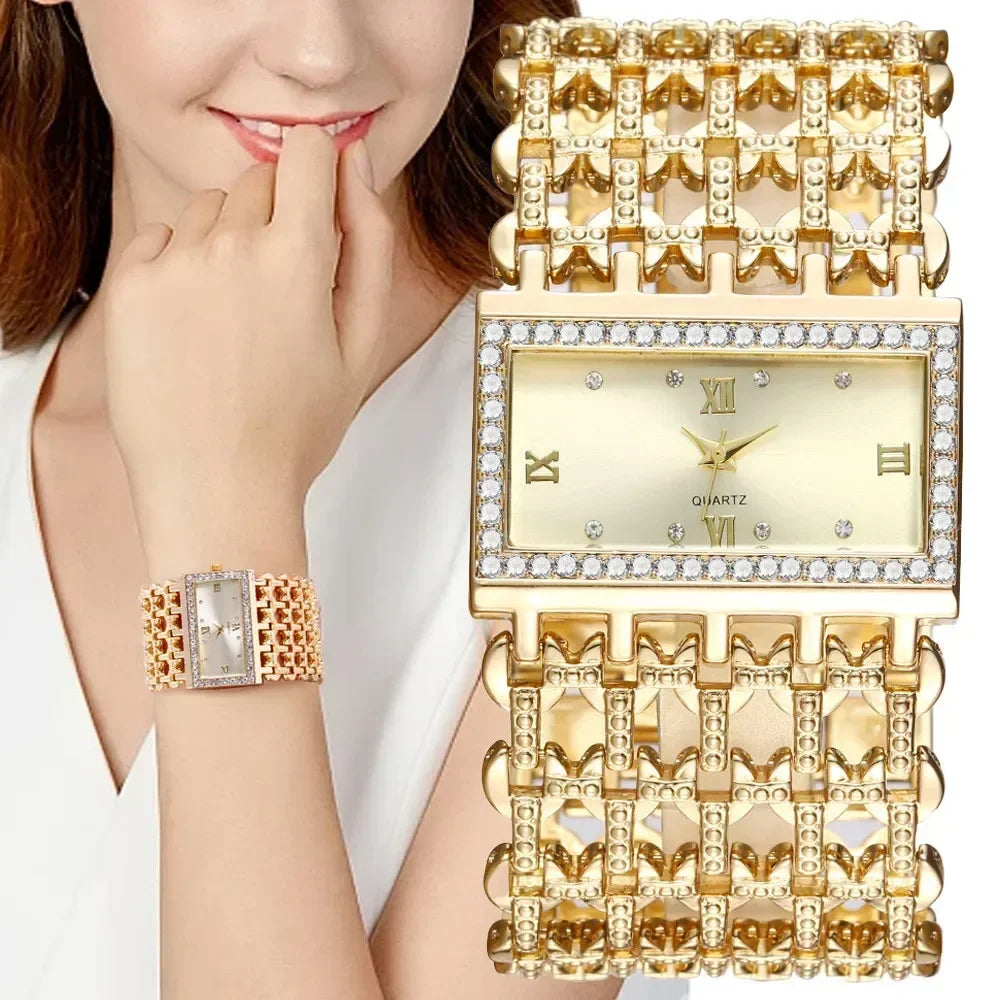 Women's Fashion Luxury Square Diamond Quartz Watch with Light, Ladies' Gold Stainless Steel Bracelet