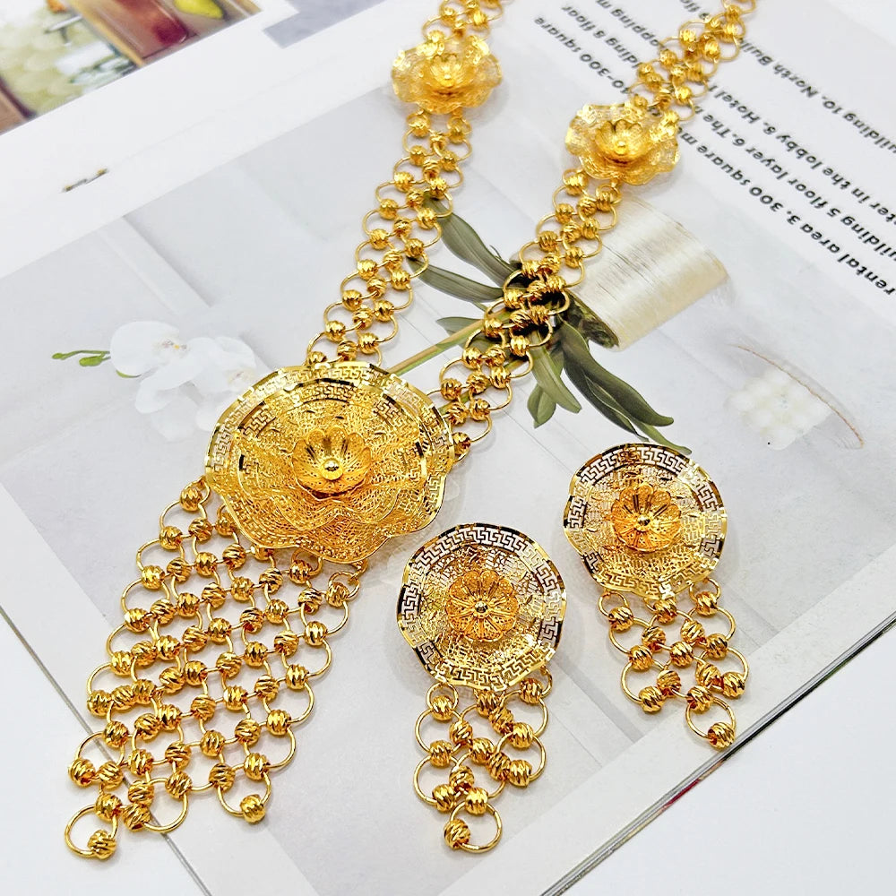 Trendy Dubai Arab Necklace with Earrings Jewelry Set African Fashion Luxury Gold Color Jewelry Set Daily Party Gift Accessories