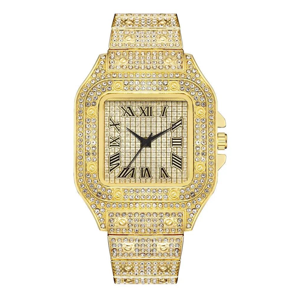 Luxury Square Men's Business Watches Steel Strap Roman Dial Rhinestone Quartz Watch Lesiure Male Wristwatch Relogio Masculino