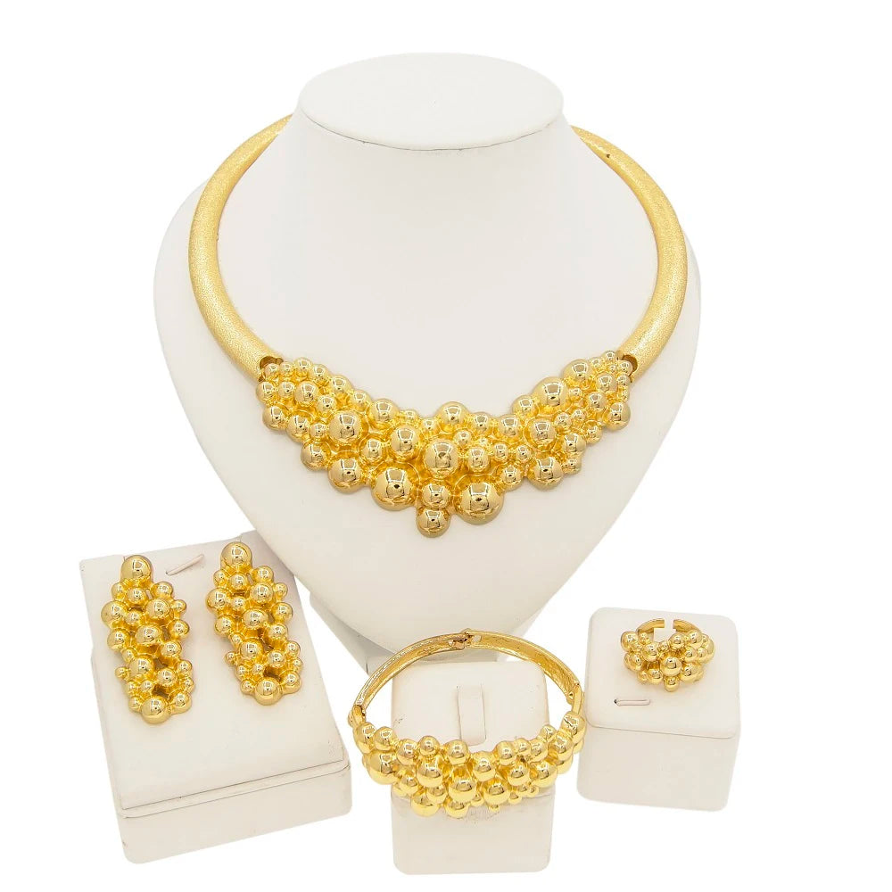 18K Dubai Gold Nigerian Bridal Jewelry Set | Statement Choker, Earrings, Ring & Bracelet