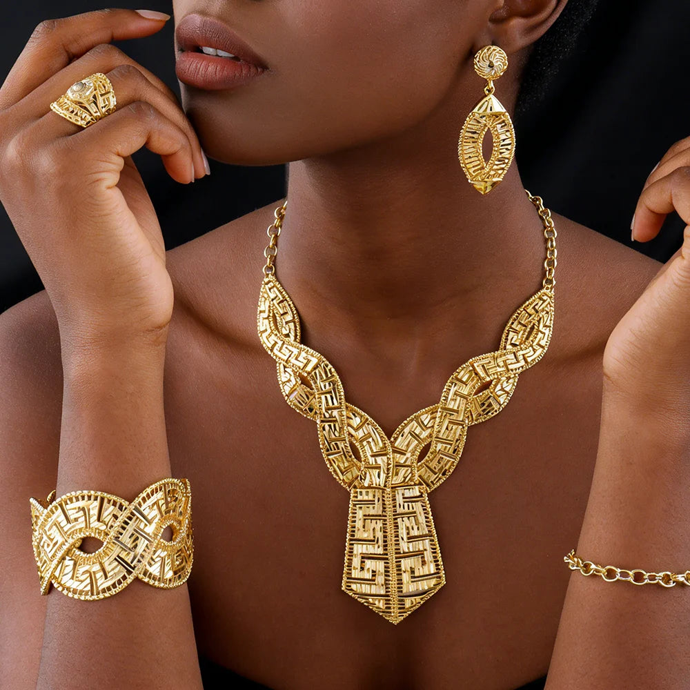 GOLD COLOR JEWELRY 24K Gold Plated Jewelry Set Weddings Earrings Necklace Ring Accessory Luxury Party Gifts