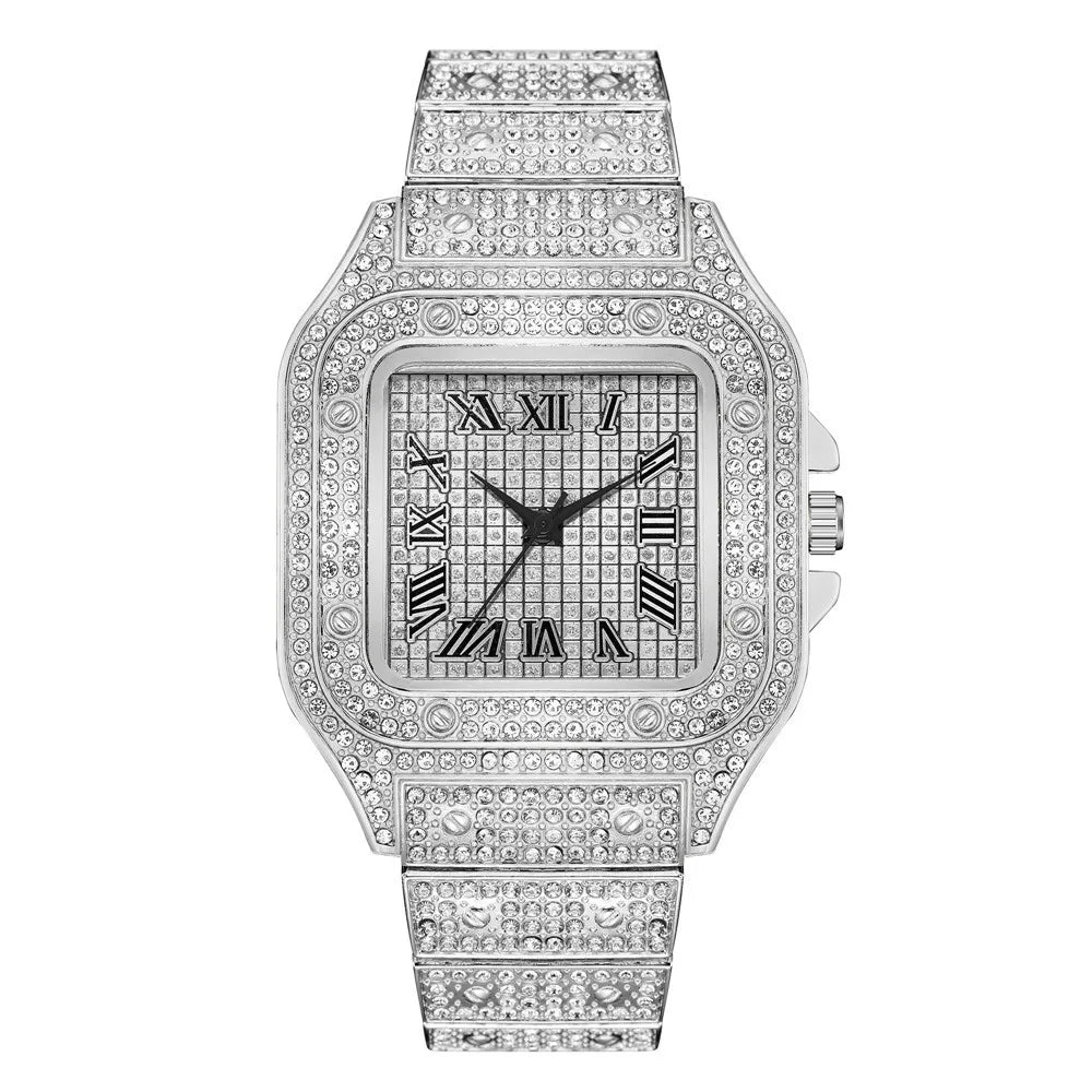 Luxury Square Men's Business Watches Steel Strap Roman Dial Rhinestone Quartz Watch Lesiure Male Wristwatch Relogio Masculino