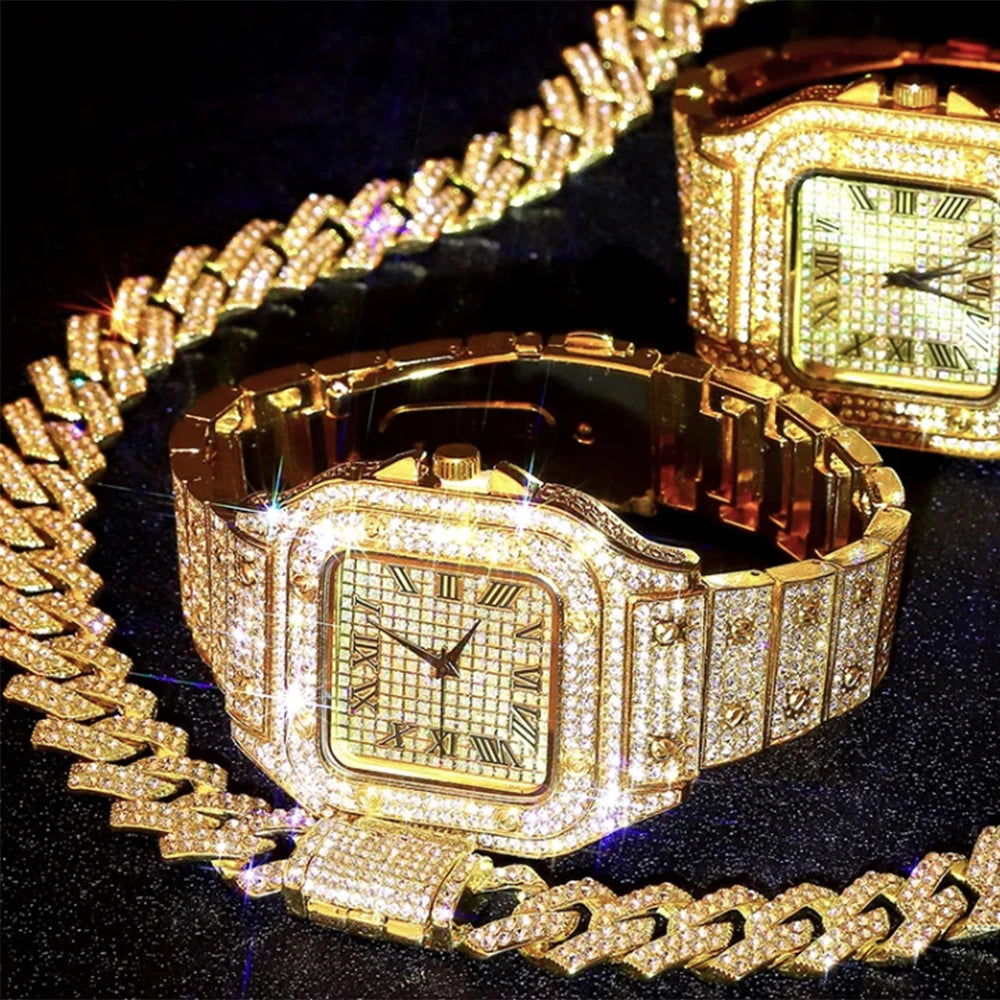 The Imperial Vanguard: Fully Iced Square Watch & Cuban Link Set
