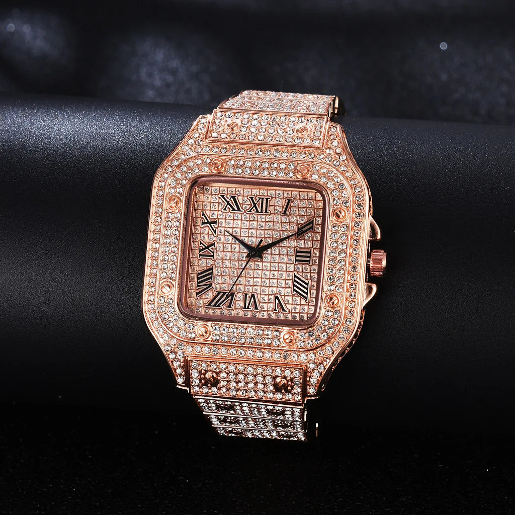 Luxury Moissanite Iced Out Watches, Hip Hop Bust Down Unisex Diamond Watch, Stainless Steel Moissanite Studded Wrist Watch