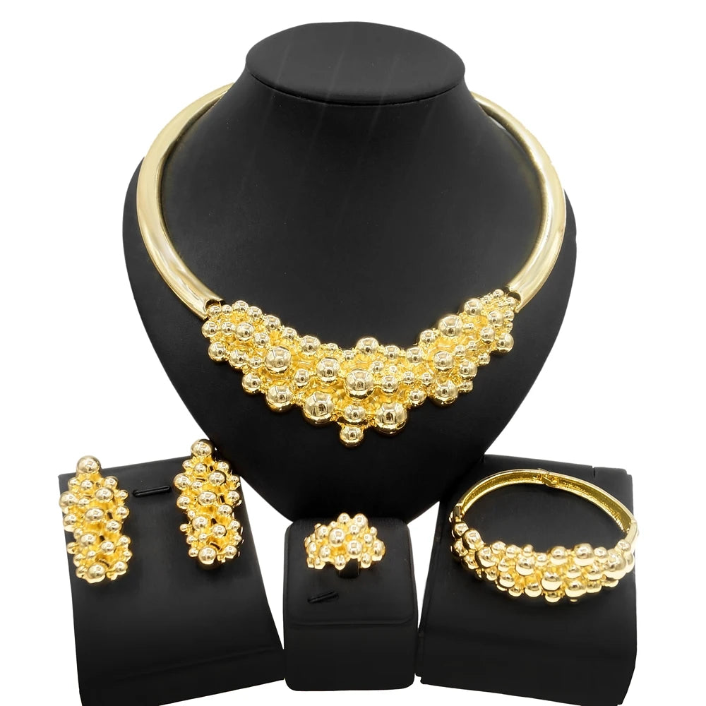 18K Dubai Gold Nigerian Bridal Jewelry Set | Statement Choker, Earrings, Ring & Bracelet