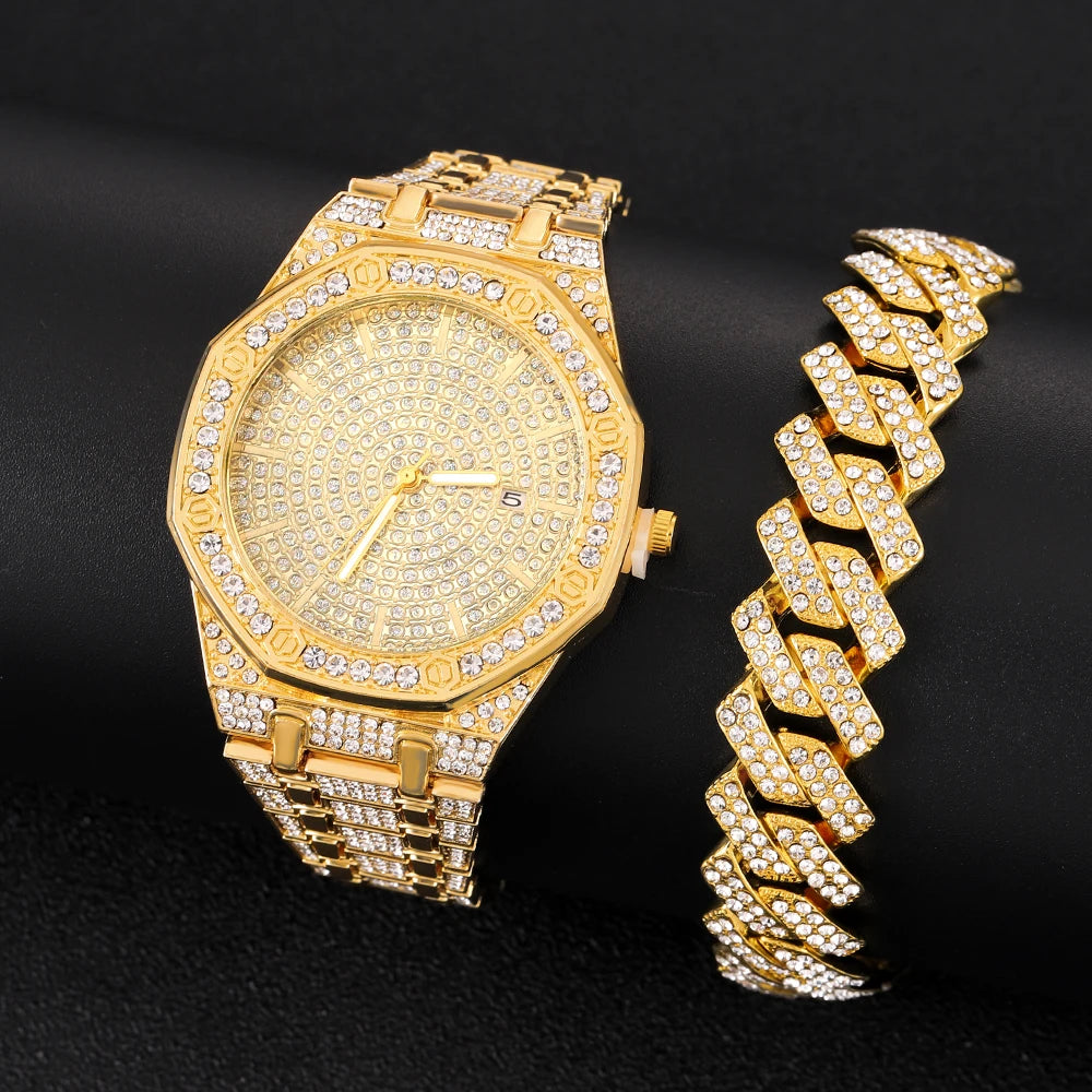 The Royal Monarch: Fully Iced Octagon Watch & Cuban Chain Set