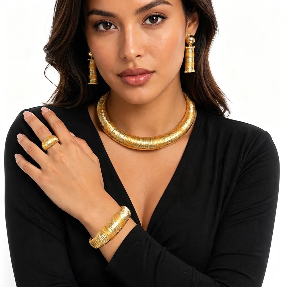 24K Dubai Gold Vintage Brushed Textured Jewelry Set | Statement Necklace, Cuff Bangle & Earrings