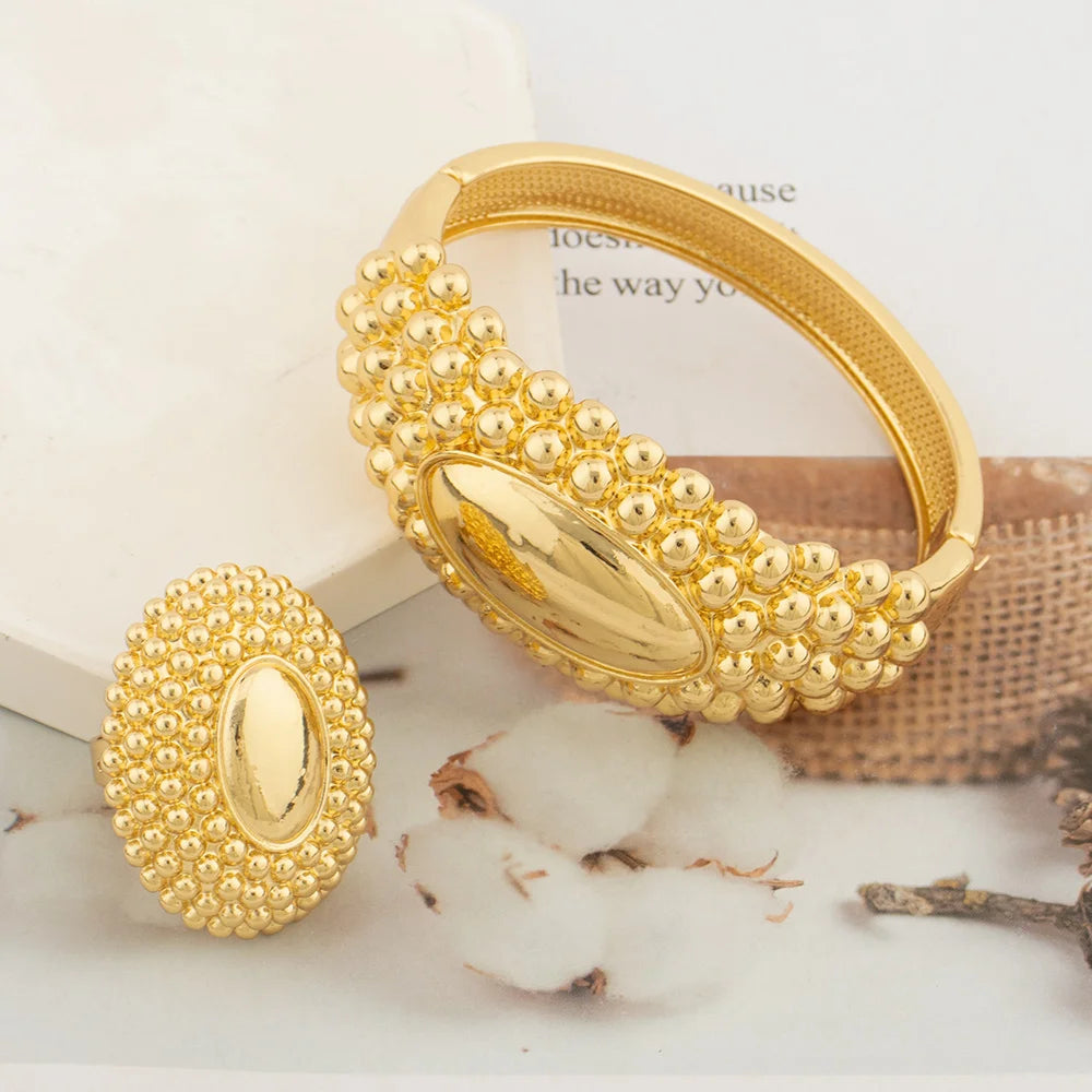 24K Gold Plated Ethiopian Bridal Bangle & Ring Set | Luxury African Statement Bracelet