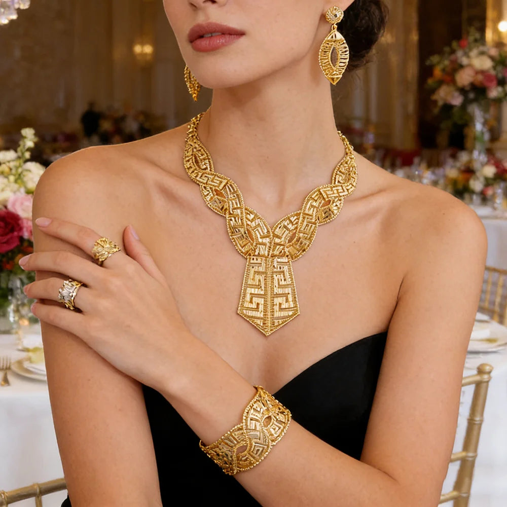 GOLD COLOR JEWELRY 24K Gold Plated Jewelry Set Weddings Earrings Necklace Ring Accessory Luxury Party Gifts