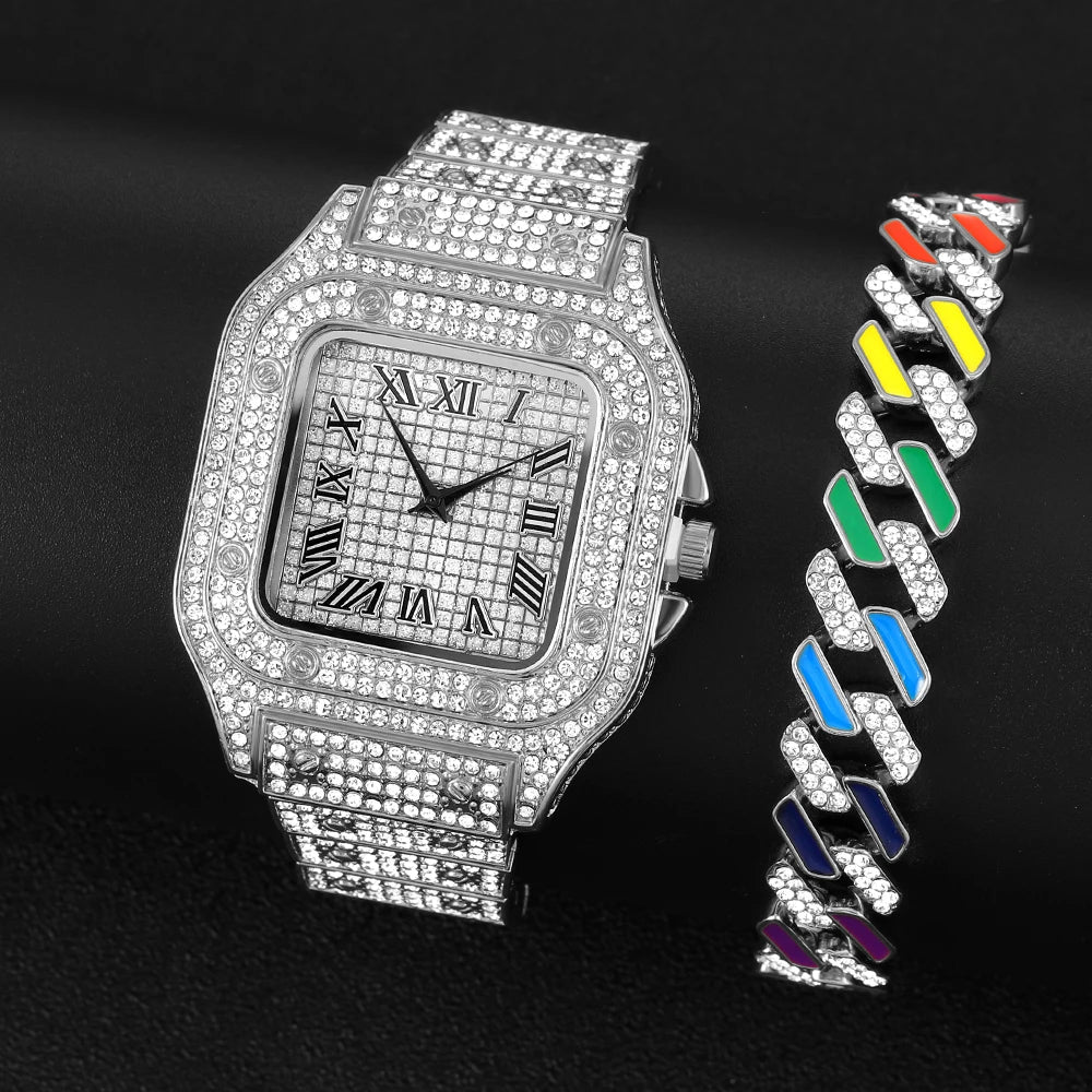 The Sovereign Drip: Fully Iced Watch, Cuban Chain & Bracelet Set