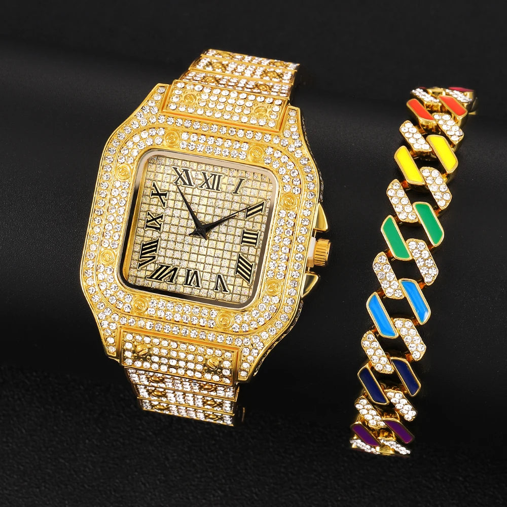 The Sovereign Drip: Fully Iced Watch, Cuban Chain & Bracelet Set