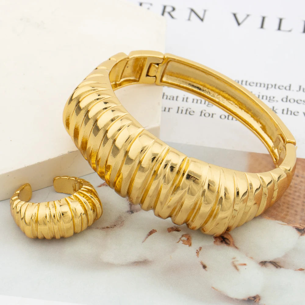 24K Gold Plated Ethiopian Bridal Bangle & Ring Set | Luxury African Statement Bracelet