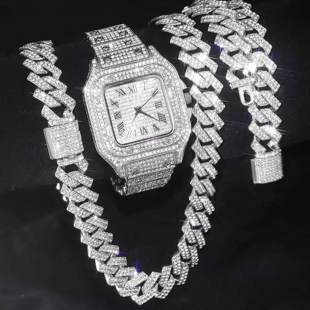 The Imperial Vanguard: Fully Iced Square Watch & Cuban Link Set