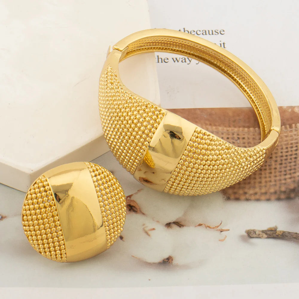 24K Gold Plated Ethiopian Bridal Bangle & Ring Set | Luxury African Statement Bracelet