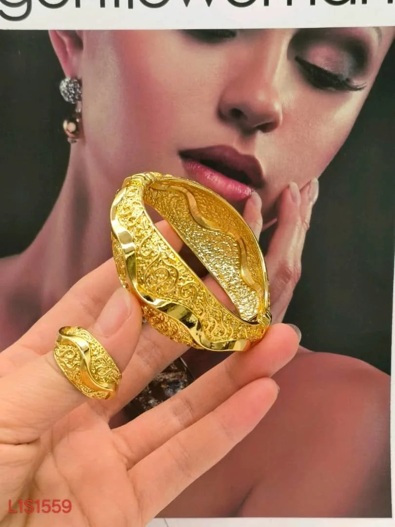 24K Gold Plated Ethiopian Bridal Bangle & Ring Set | Luxury African Statement Bracelet