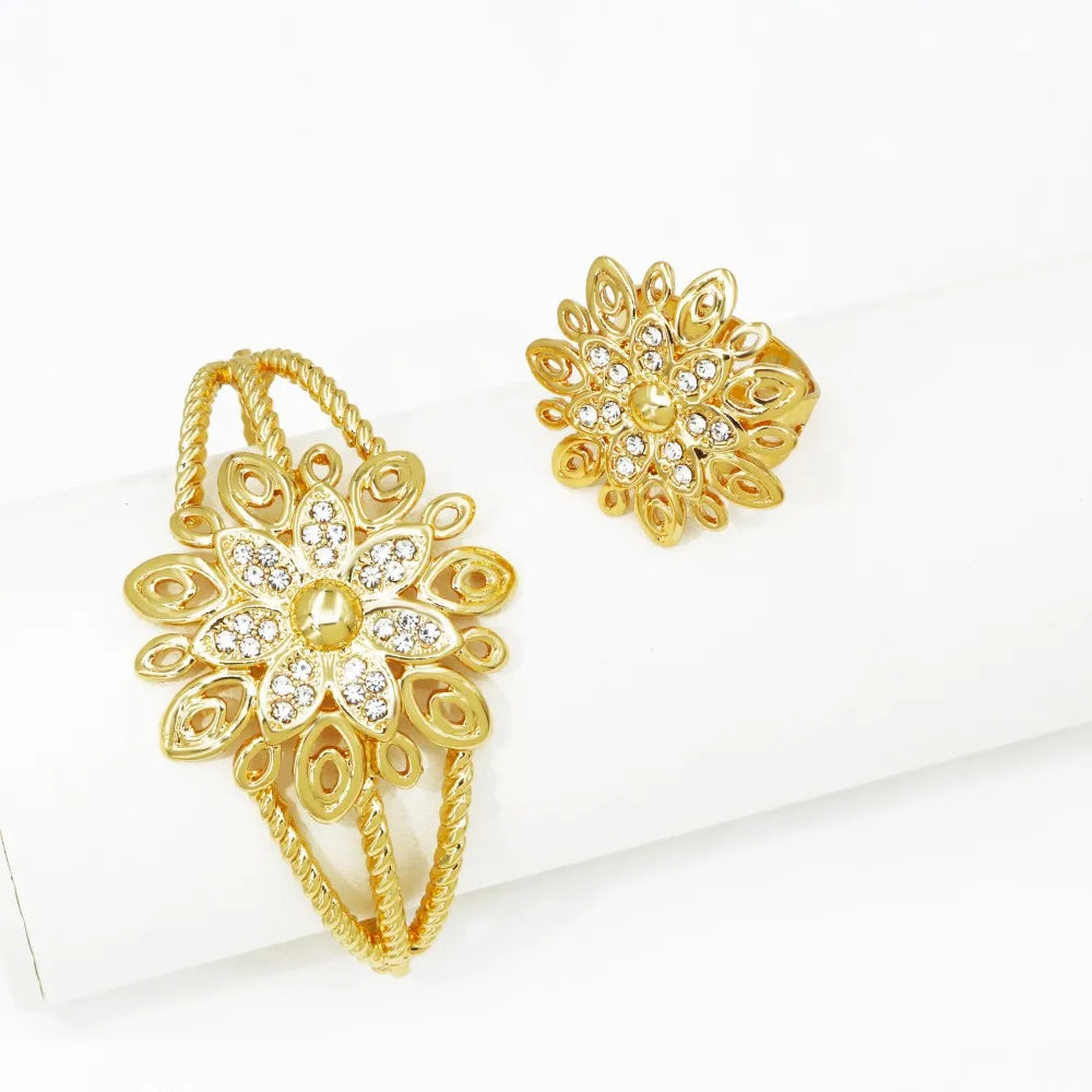 YTJX Luxury Africal Wedding Jewelry Set 18K Gold Plated Big Flower Necklace Bracelet Earring Ring For Women 2025 Trendy New