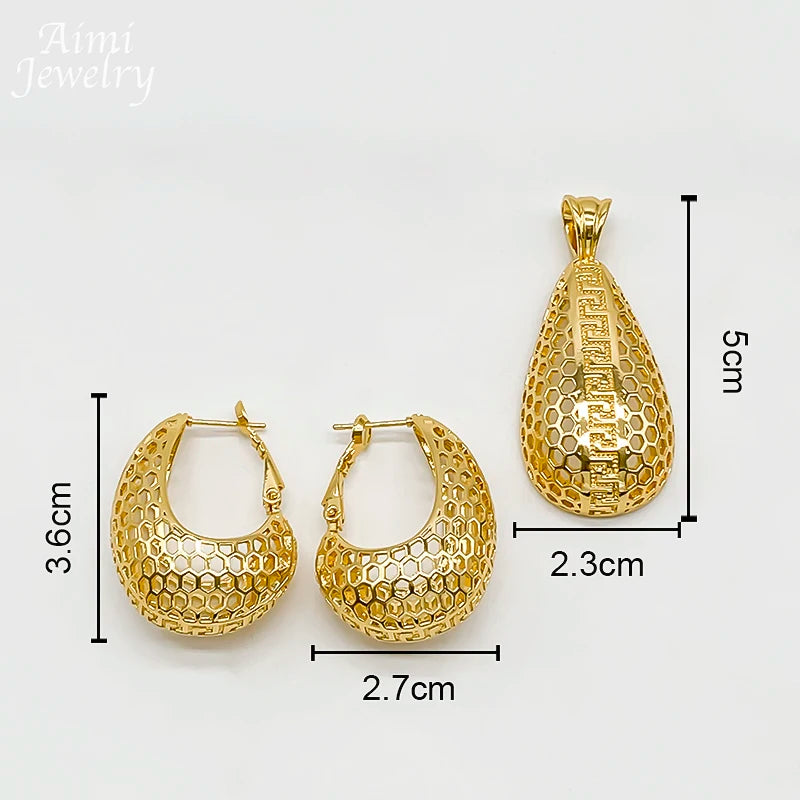 Simple Daily Wear Gold Plated Jewelry Set Luxury Exquisite Earrings Necklace Pendant with Chain Party Dubai Bridal Wedding Gifts