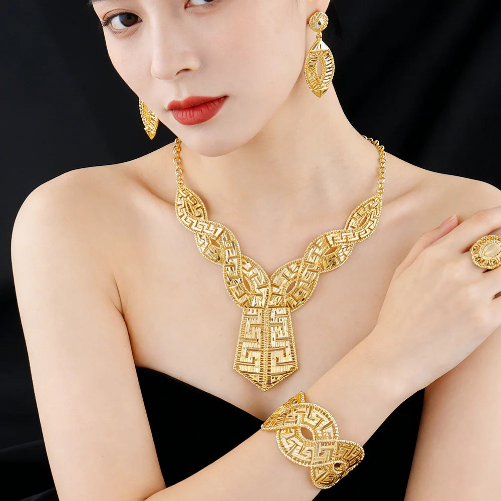 GOLD COLOR JEWELRY 24K Gold Plated Jewelry Set Weddings Earrings Necklace Ring Accessory Luxury Party Gifts