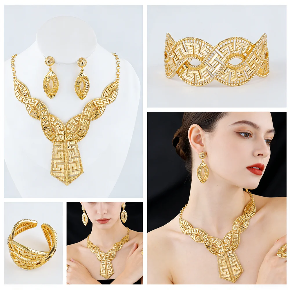 GOLD COLOR JEWELRY 24K Gold Plated Jewelry Set Weddings Earrings Necklace Ring Accessory Luxury Party Gifts