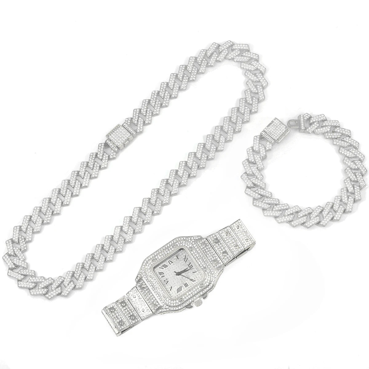 The Imperial Vanguard: Fully Iced Square Watch & Cuban Link Set