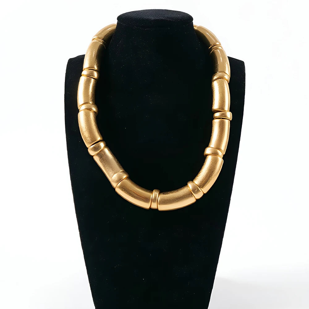 Architectural Ribbed Chunky Choker Set | Matte Gold Curved Tube Collar Necklace & Stacked Bangle