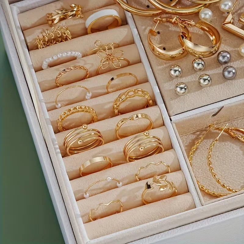 The Imperial Boho: 86-Piece Stackable Pearl & Alloy Jewelry Trunk Set